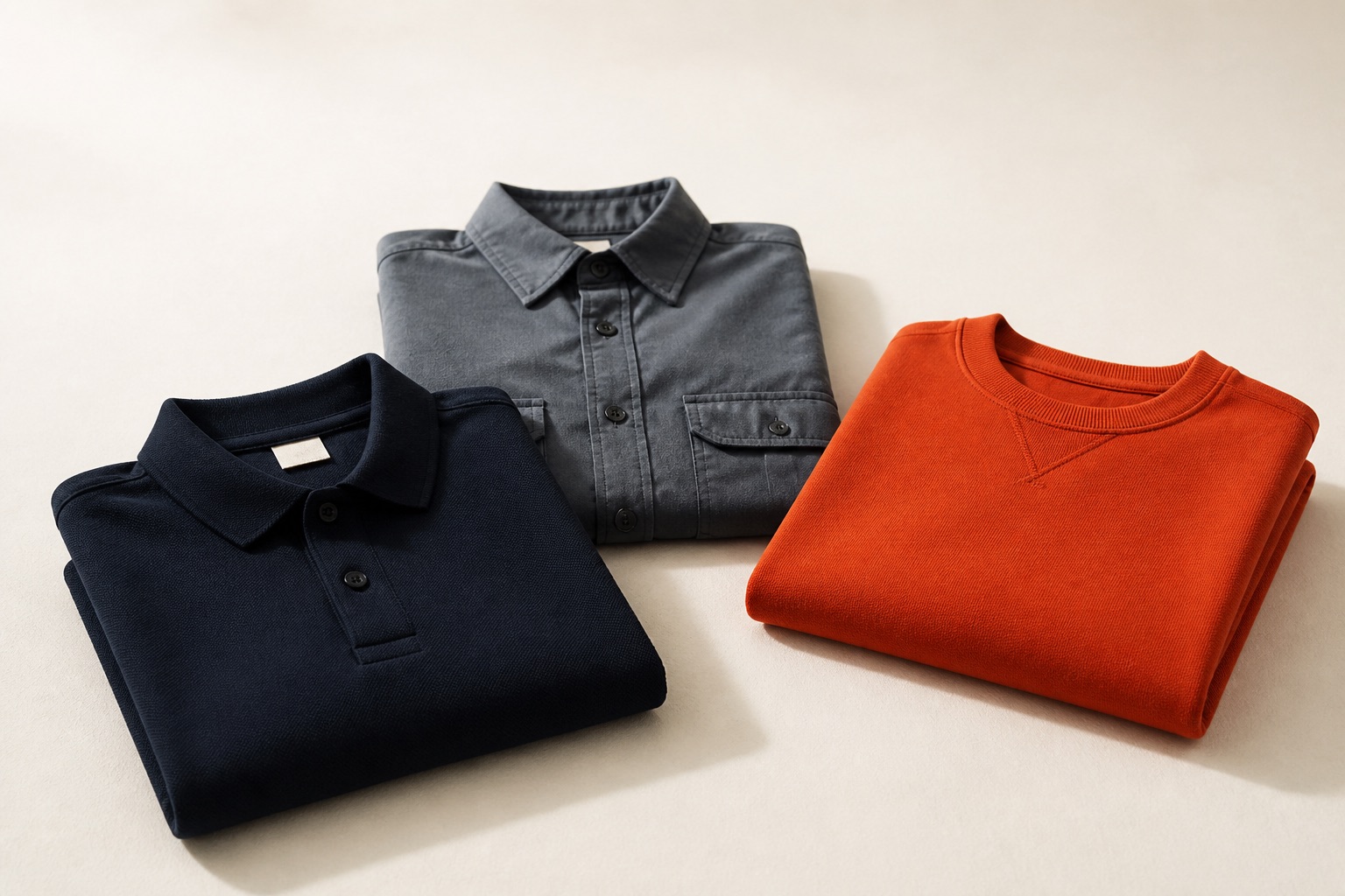 Folded workwear: a navy polo shirt, a grey work shirt and a rust sweatshirt